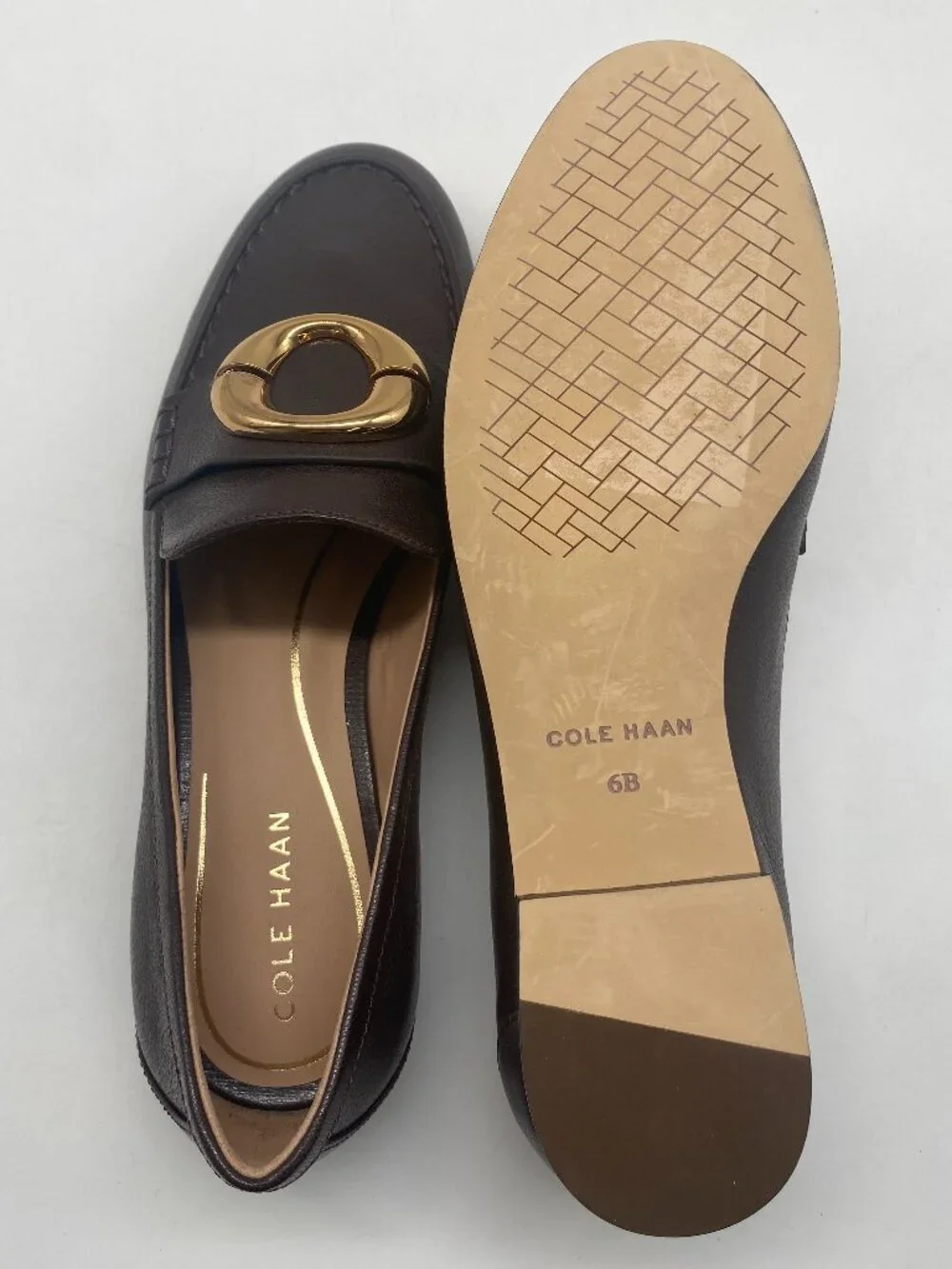 COLE HAAN BROWN LETAHER BALLET FLATS WITH GOLD CIRCLE HARDWARE